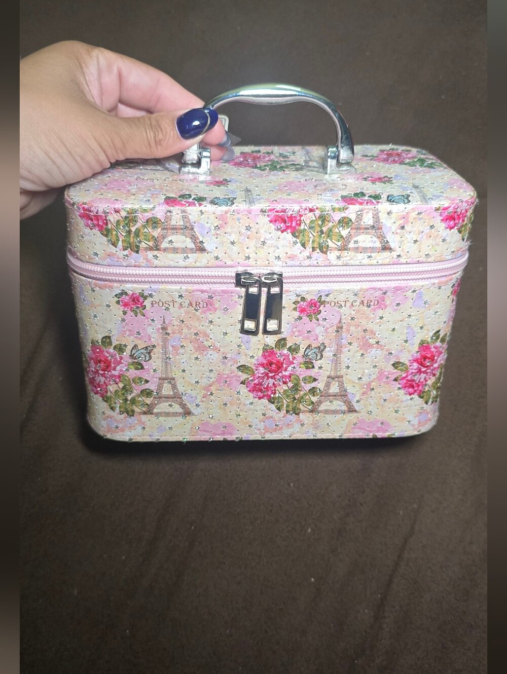 Pink Floral Eiffel Tower Cosmetic Train Case with Top Handle